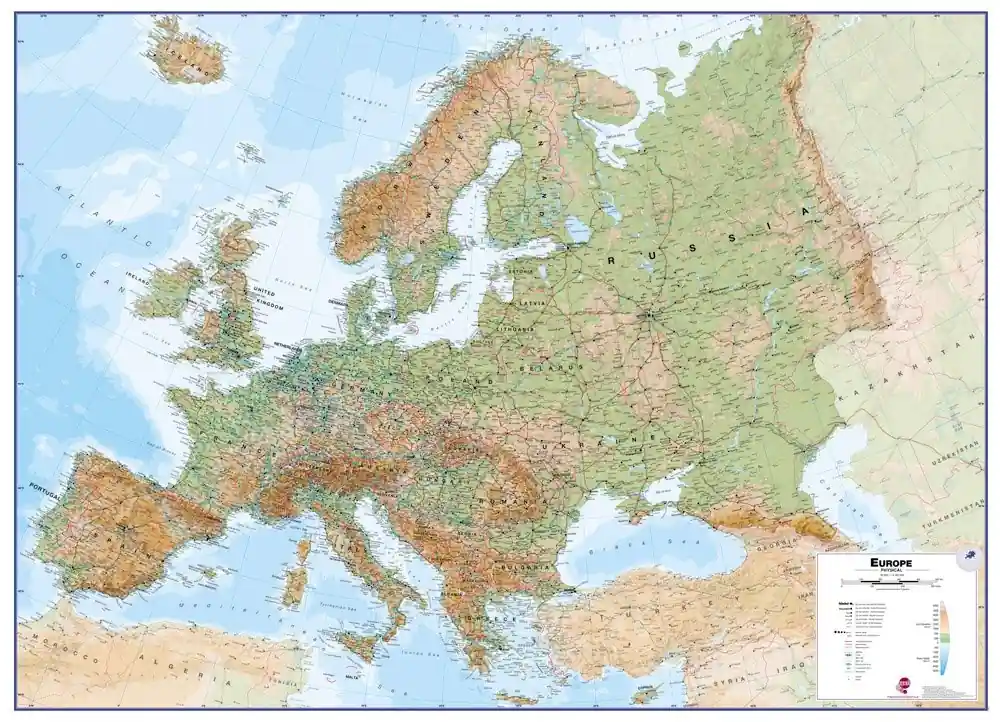 Europa natuurkundig 1:4.300.000 plano / geplastificeerd Alleen Vandaag