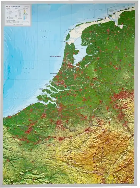 Op = Op Reliëfkaart van de Benelux | in aluminiumlijst op maat