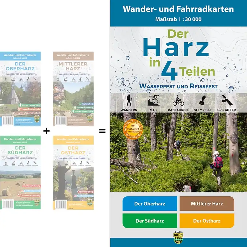 Der Harz in 4 Teilen - set van 4 wandelkaarten 1:30.000 Korting