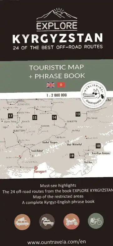 Tijdelijk Beschikbaar Explore Kyrgystan - touristic map 1:2.000.000 & phrasebook