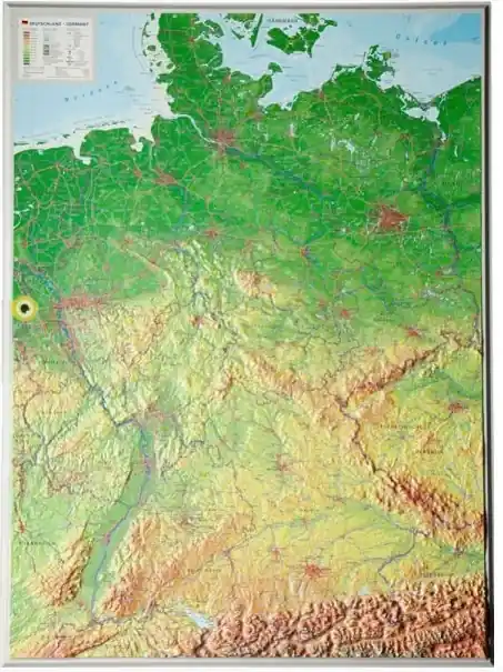 Duitsland 3-dimensionale reliëfkaart 1:1.400.000, aluminiumlijst Gratis Retour
