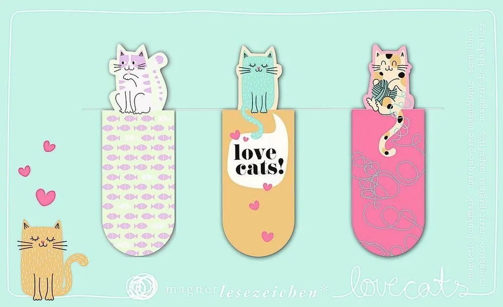 Premium Magnetische boekenlegger Love Cats – set van 3 met kattenillustraties